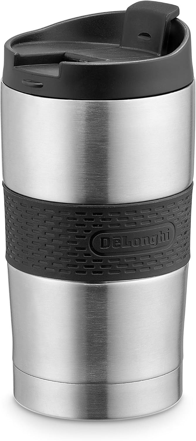 image:imageDeLonghi ReiseThermobecher DLSC074 Doppelwandiger Kaffeebecher aus Edelstahl fr Heie und Kalte Getrnke ffnung mit Nur Einem Klick 235 ml Fassungsvermgen Anthrazit