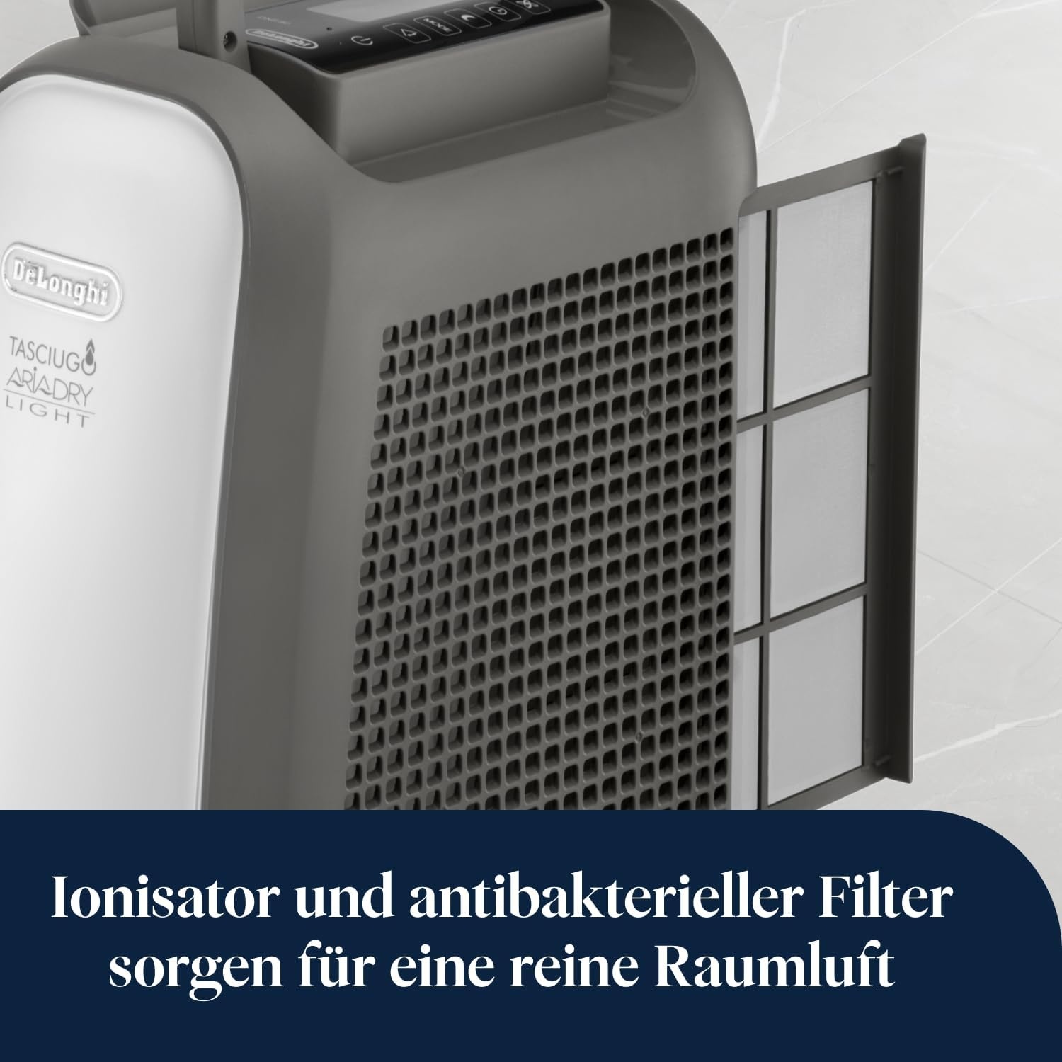 image:imageDeLonghi Tasciugo AriaDry Light Tragbarer Luftentfeuchter ZeolithTechnologie Ionisator 6LTag Feuchtigkeitsentzug Wschetrockner AntiSchimmel SwingFunktion Timer Grau DNS6575L 16 m