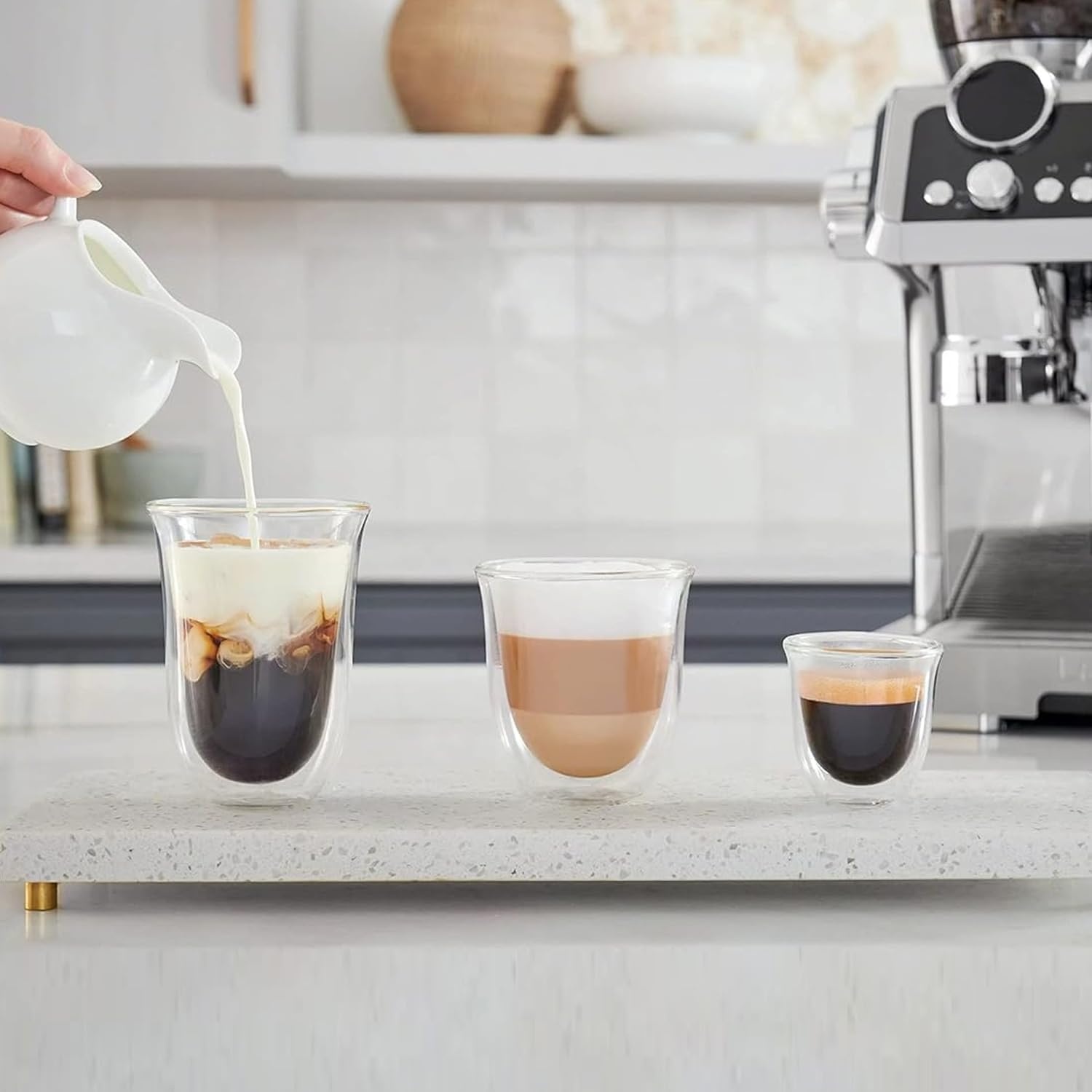 image:imageThermisches Glas DeLonghi DLSC311 Doppelwandiges CappuccinoSet 2 Stck 1 Packung transparent Durchsichtig2 x Espresso 90ml 2 x Cappuccino 270ml 2 x Latte Macchiato 330ml