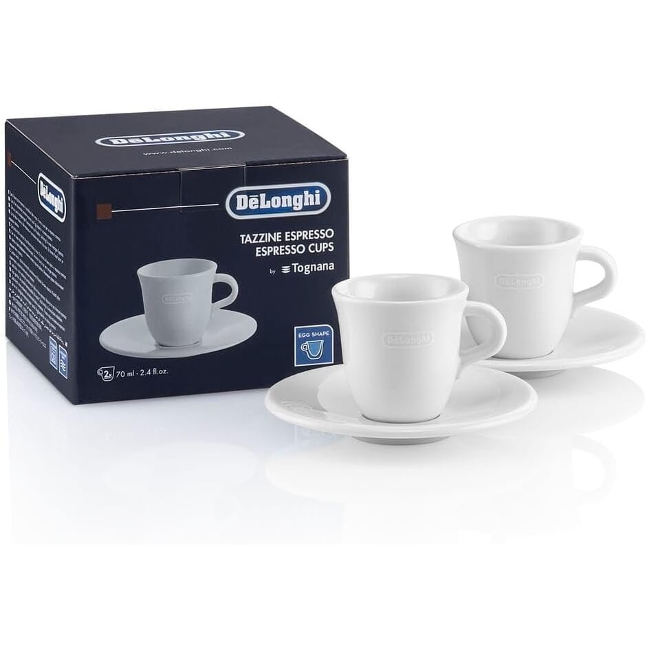 image:imageDeLonghi Espressotassen Set aus Porzellan DLSC308 2 handgemachte Keramik Tassen mit Untertassen mikrowellen amp splmaschinengeeignet 70 ml WeiWei