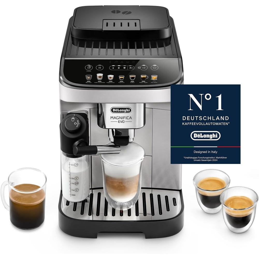 image:imageDeLonghi Magnifica Evo  Kaffeevollautomat 4 Getrnke DunkelgrauAutomatisches Milchschaum Silber