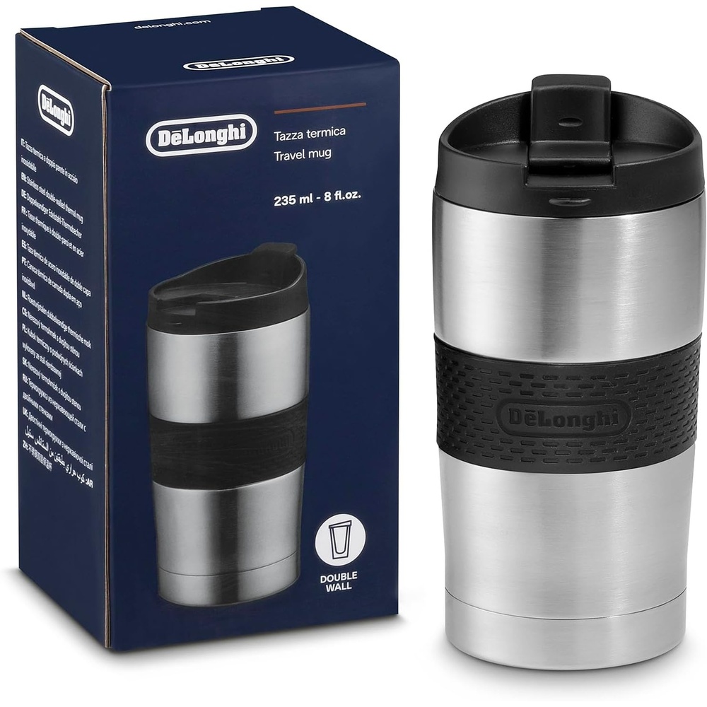 image:imageDeLonghi ReiseThermobecher DLSC074 Doppelwandiger Kaffeebecher aus Edelstahl fr Heie und Kalte Getrnke ffnung mit Nur Einem Klick 235 ml Fassungsvermgen Anthrazit