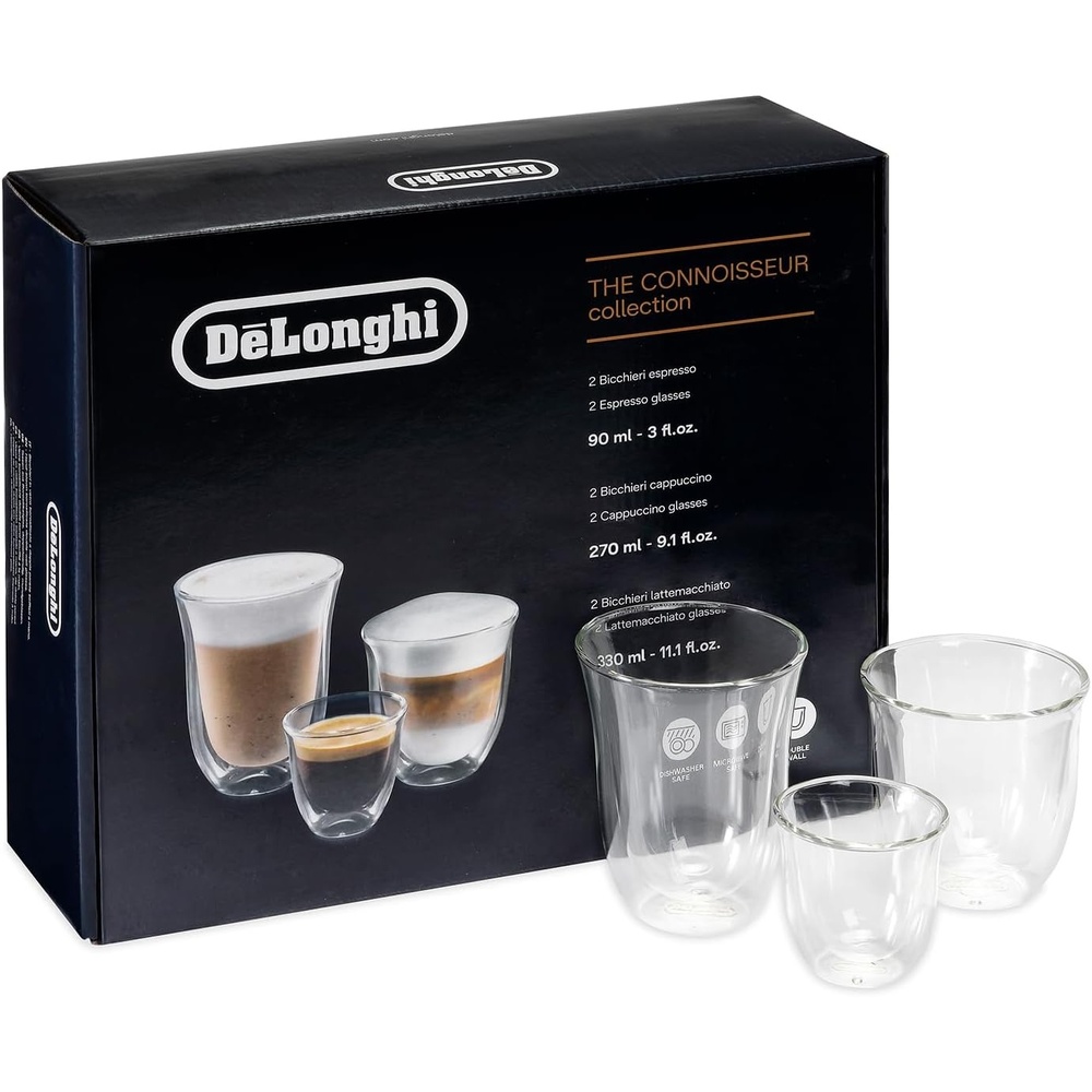 image:imageThermisches Glas DeLonghi DLSC311 Doppelwandiges CappuccinoSet 2 Stck 1 Packung transparent Durchsichtig2 x Espresso 90ml  2 x Cappuccino 270ml  2 x Latte Macchiato 330ml