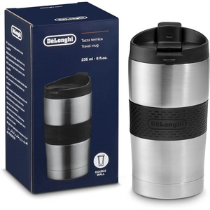 De’Longhi Reise-Thermobecher DLSC074, Doppelwandiger Kaffeebecher aus Edelstahl für Heiße und Kalte Getränke, Öffnung mit Nur Einem Klick, 235 ml Fassungsvermögen, Anthrazit