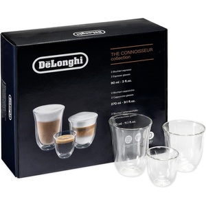 Thermisches Glas DeLonghi DLSC311 Doppelwandiges Cappuccino-Set, 2 Stück (1 Packung), transparent, Durchsichtig(2 x Espresso (90ml)  2 x Cappuccino (270ml)  2 x Latte Macchiato (330ml))